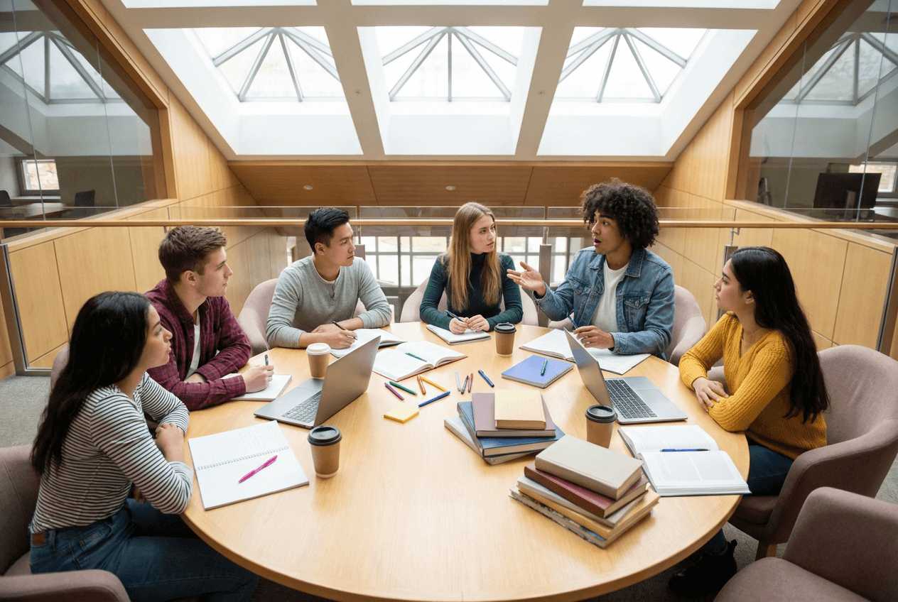 International students practicing group discussion and English speaking skills in a university library study area