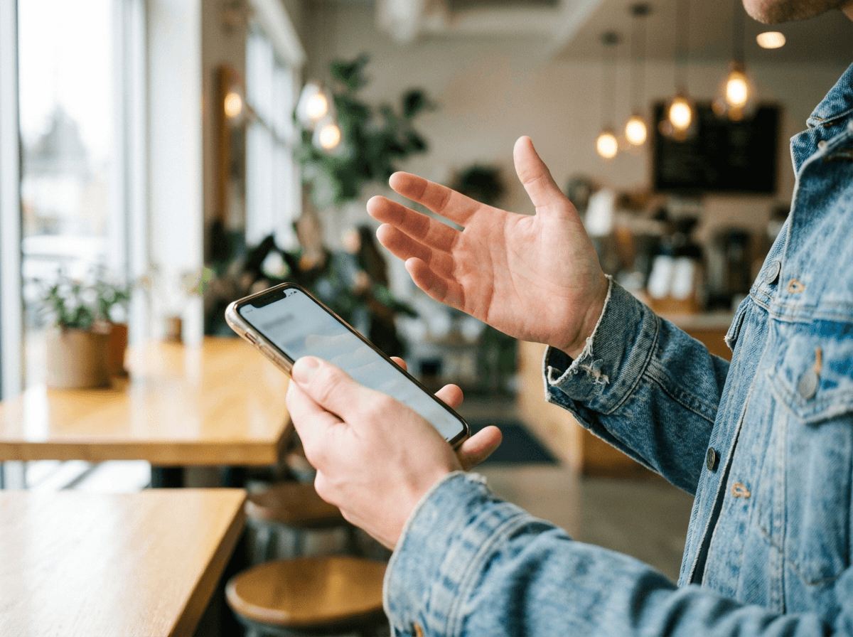 Person practicing English conversation with a phone in a coffee shop, building spontaneous speaking skills for TOEFL