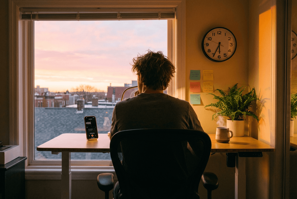 Early morning home study setup for daily TOEFL speaking practice with voice recording