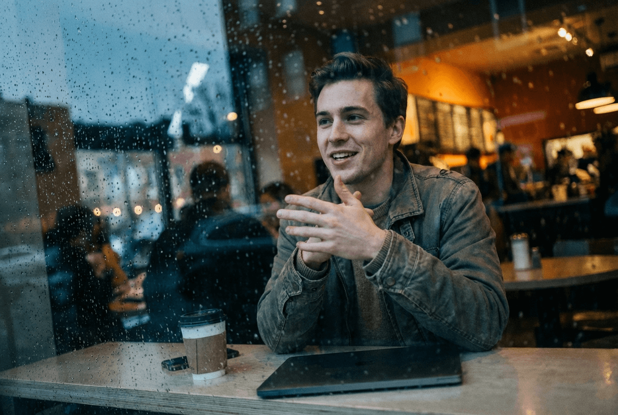Person practicing spontaneous English speaking responses in a cafe setting for TOEFL interview preparation