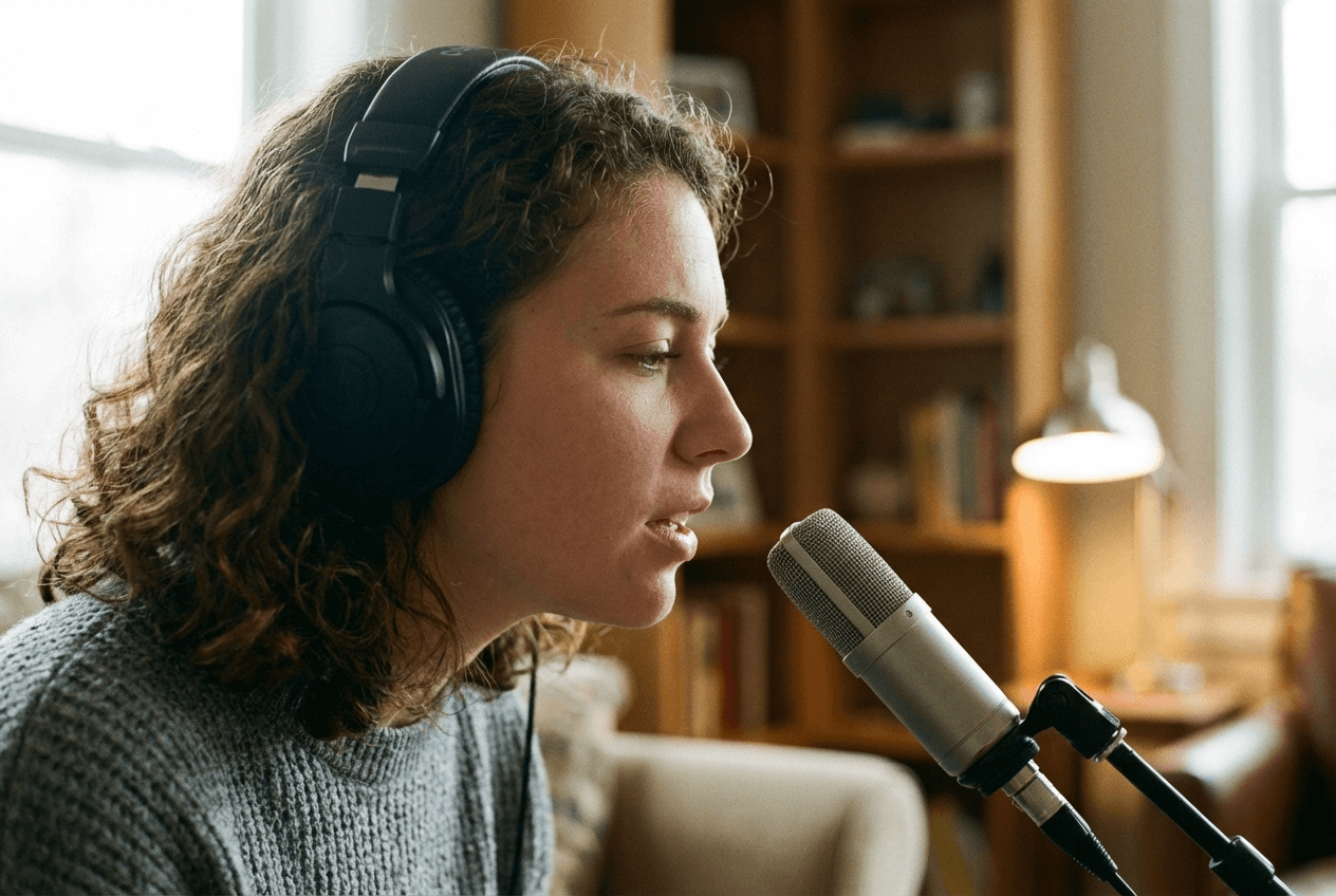 Student practicing English pronunciation with a microphone and headphones for TOEFL preparation