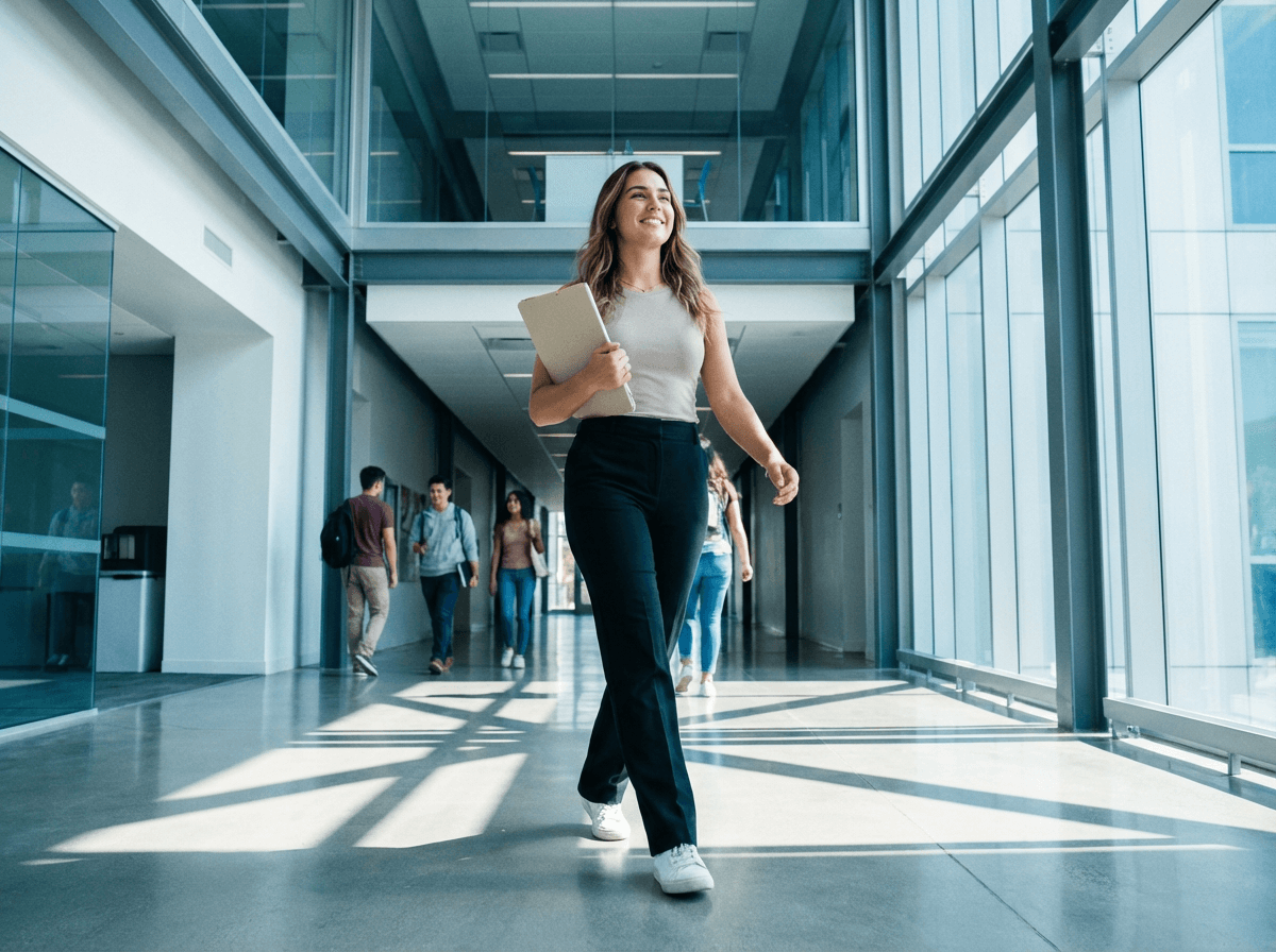 Confident student walking through university hallway ready for TOEFL speaking test