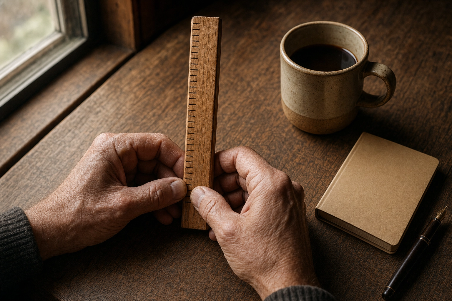 Wooden growth ruler with thirty progress notches symbolizing the cumulative daily speaking practice of a 30-day output plan