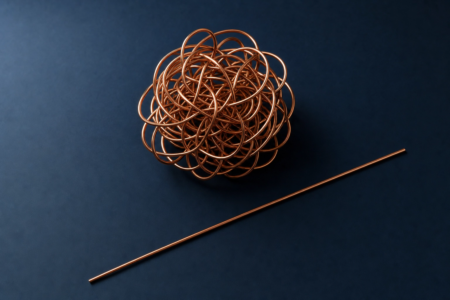 Tangled copper wire knot beside a straight wire representing cognitive overload when translating versus thinking directly in English