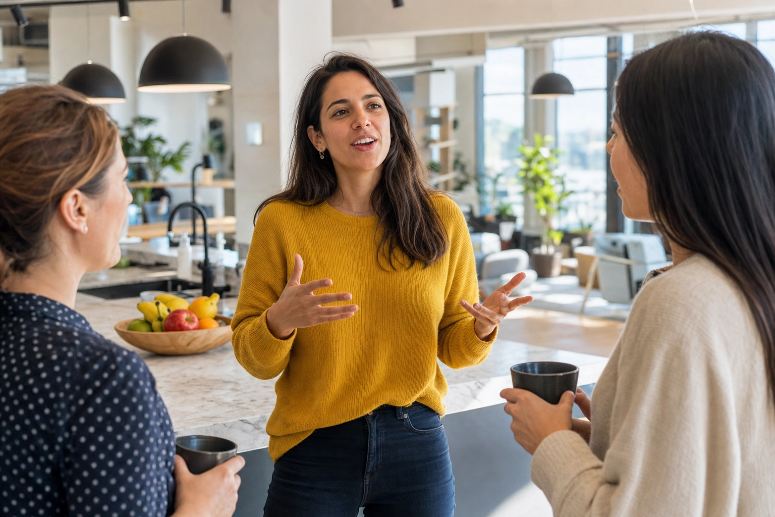 Confident English learner mid-conversation with colleagues in an office kitchen, showing the breakthrough of speaking fluently without freezing