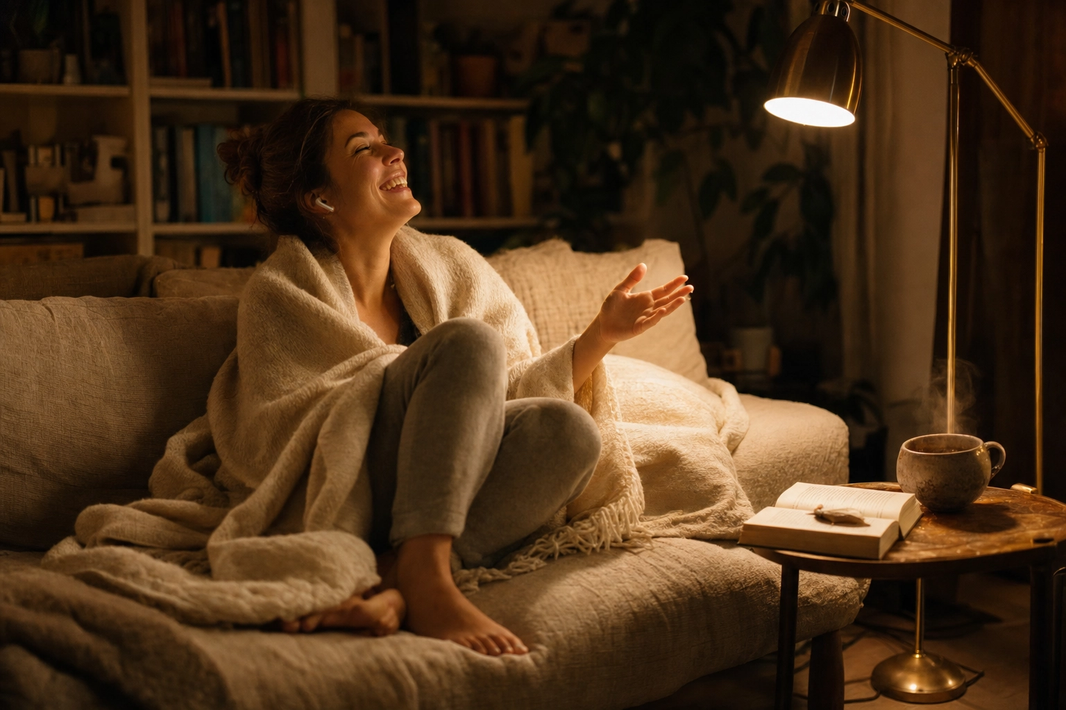Young woman laughing during a relaxed evening English conversation practice on her couch — the judgment-free environment AI tutors create