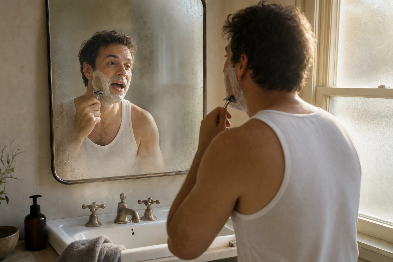 Man practicing English self-narration aloud in front of his bathroom mirror as part of a daily speaking output routine