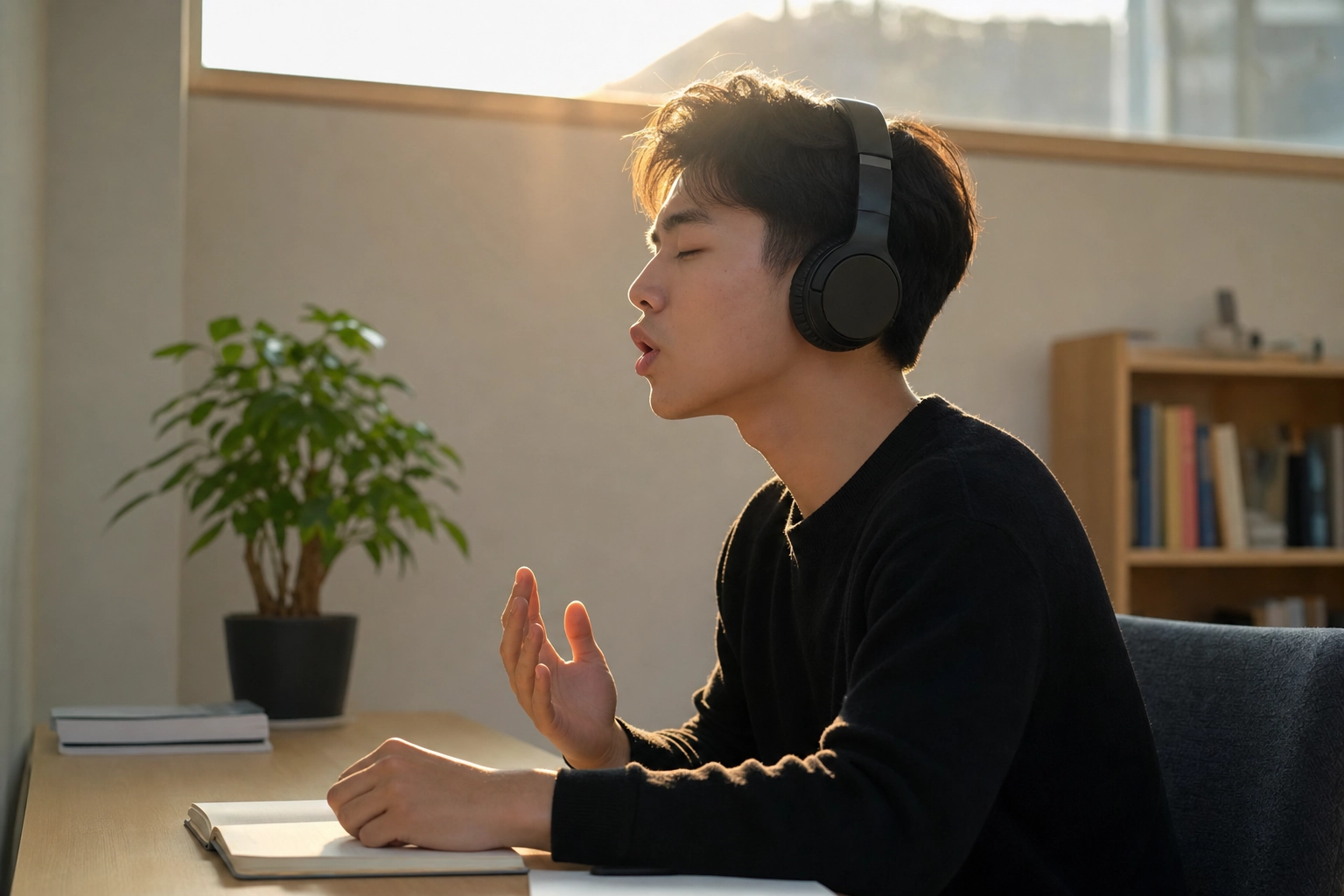 College-aged man with headphones shadowing English audio with closed eyes and active mouth movement, training pronunciation as a motor skill