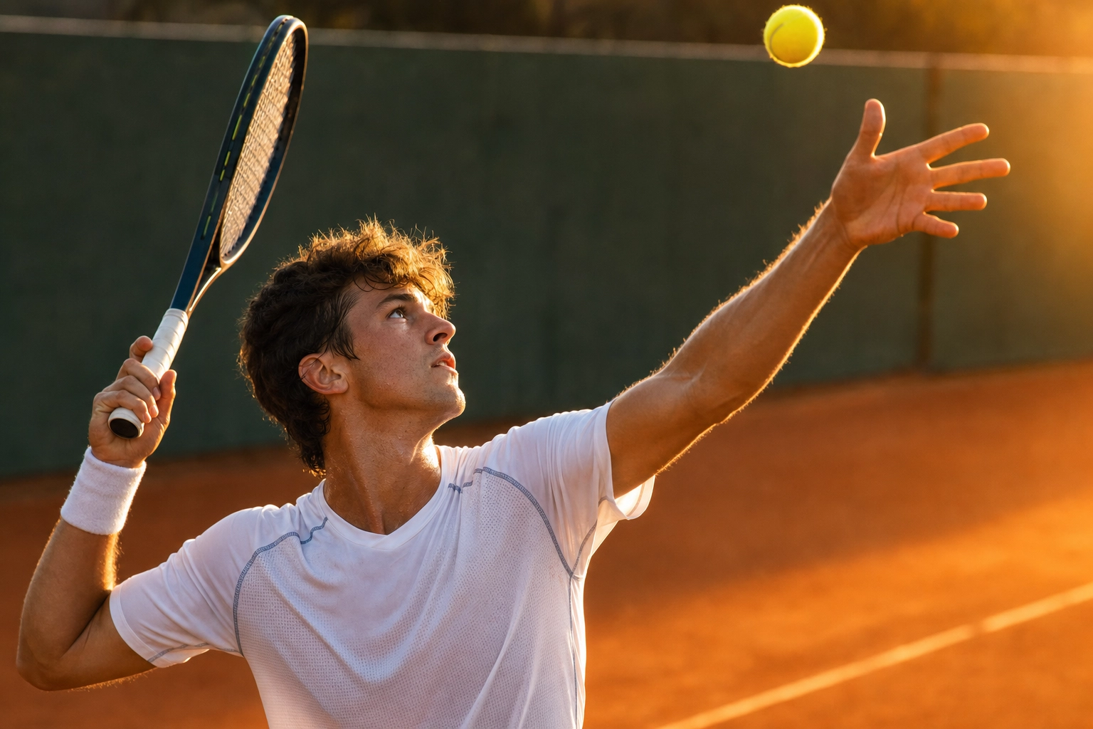 Tennis player mid-serve illustrating that speaking English fluently is a motor skill built through physical repetition not just knowledge