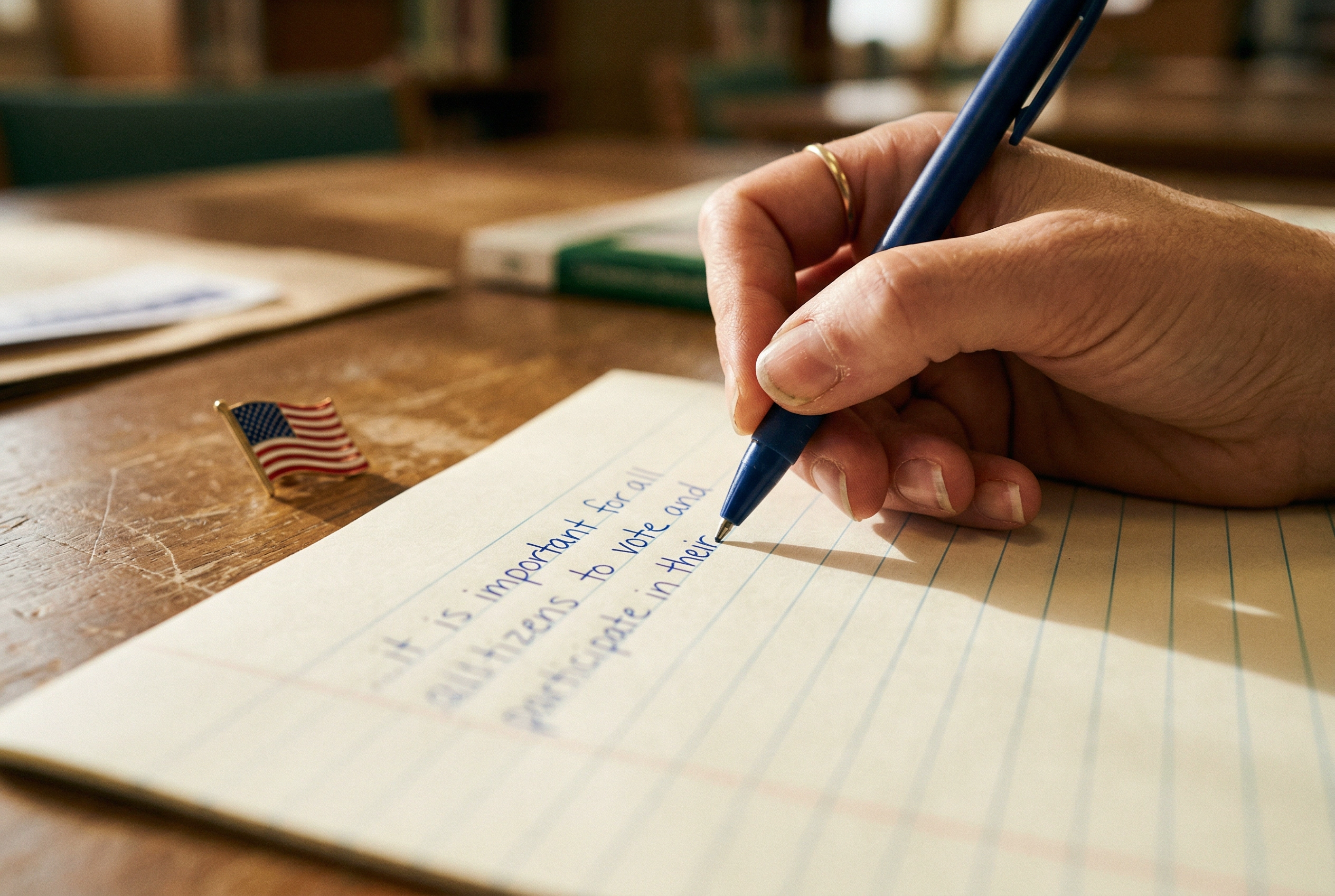 줄 노트 위에 시민권 시험 영어 연습 문장을 쓰는 손 클로즈업