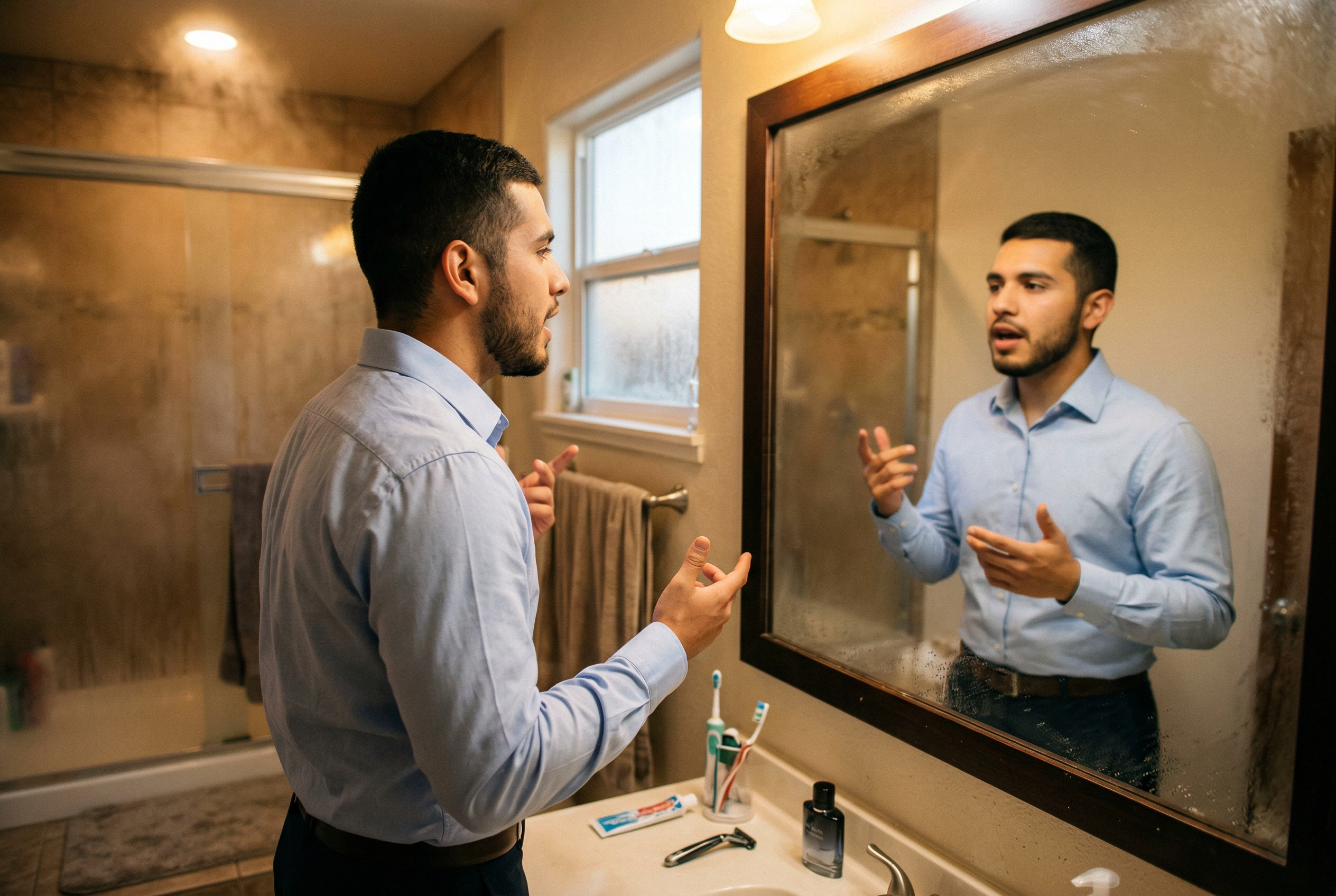 시민권 인터뷰를 위한 영어 발음 연습을 하며 욕실 거울에 대고 말하는 남성