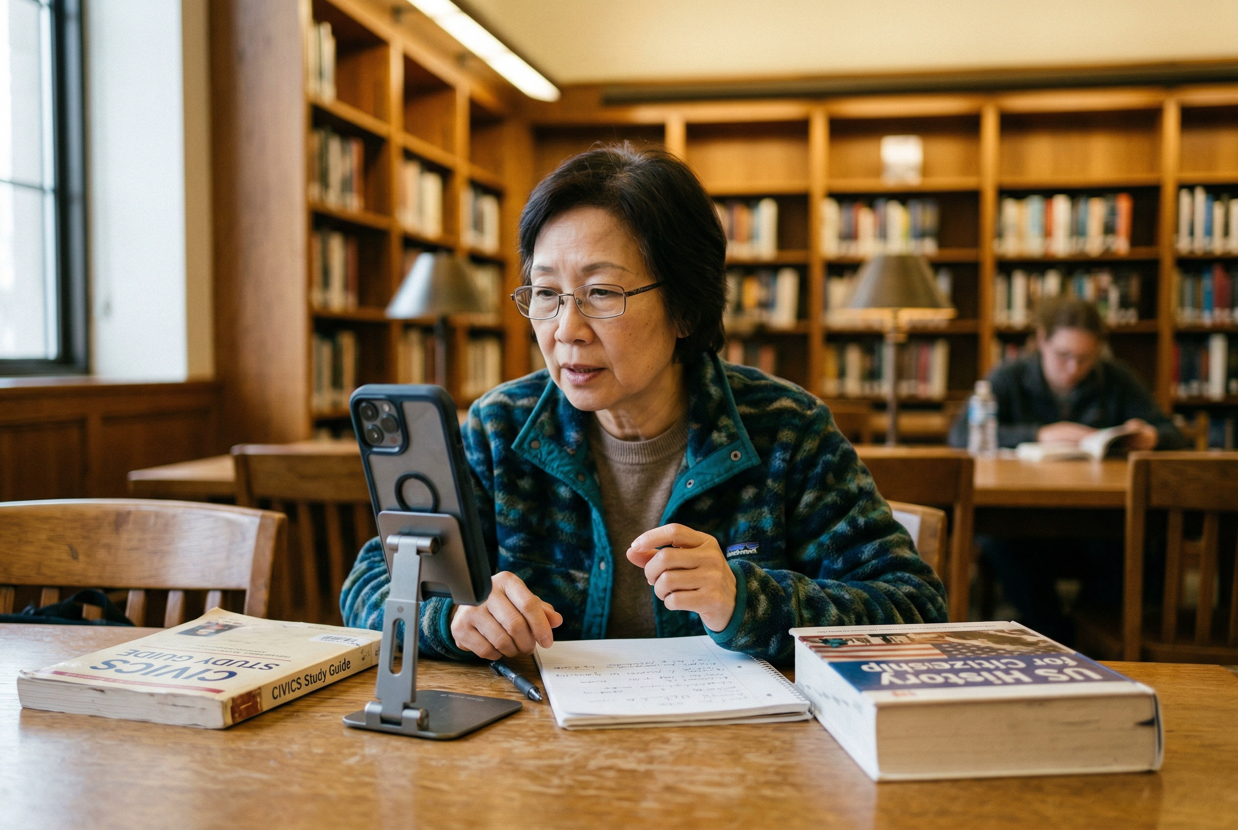 도서관에서 스마트폰으로 시민권 시험을 위한 영어 말하기 연습을 하는 나이 든 여성