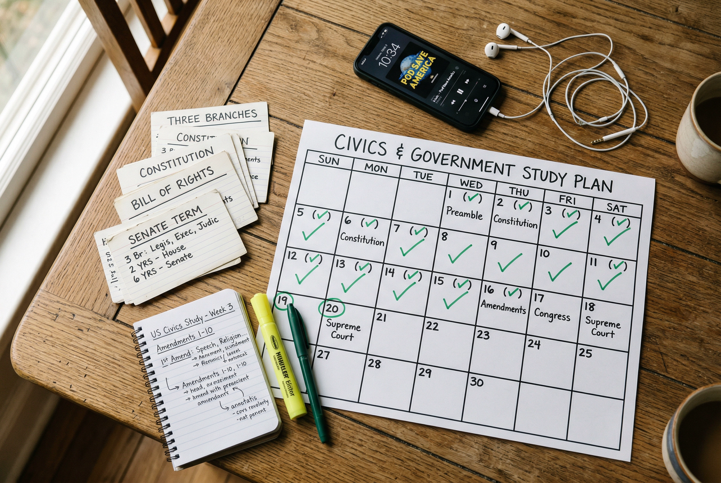 시민 교육 플래시카드와 학습 자료가 있는 30일 시민권 인터뷰 연습 달력