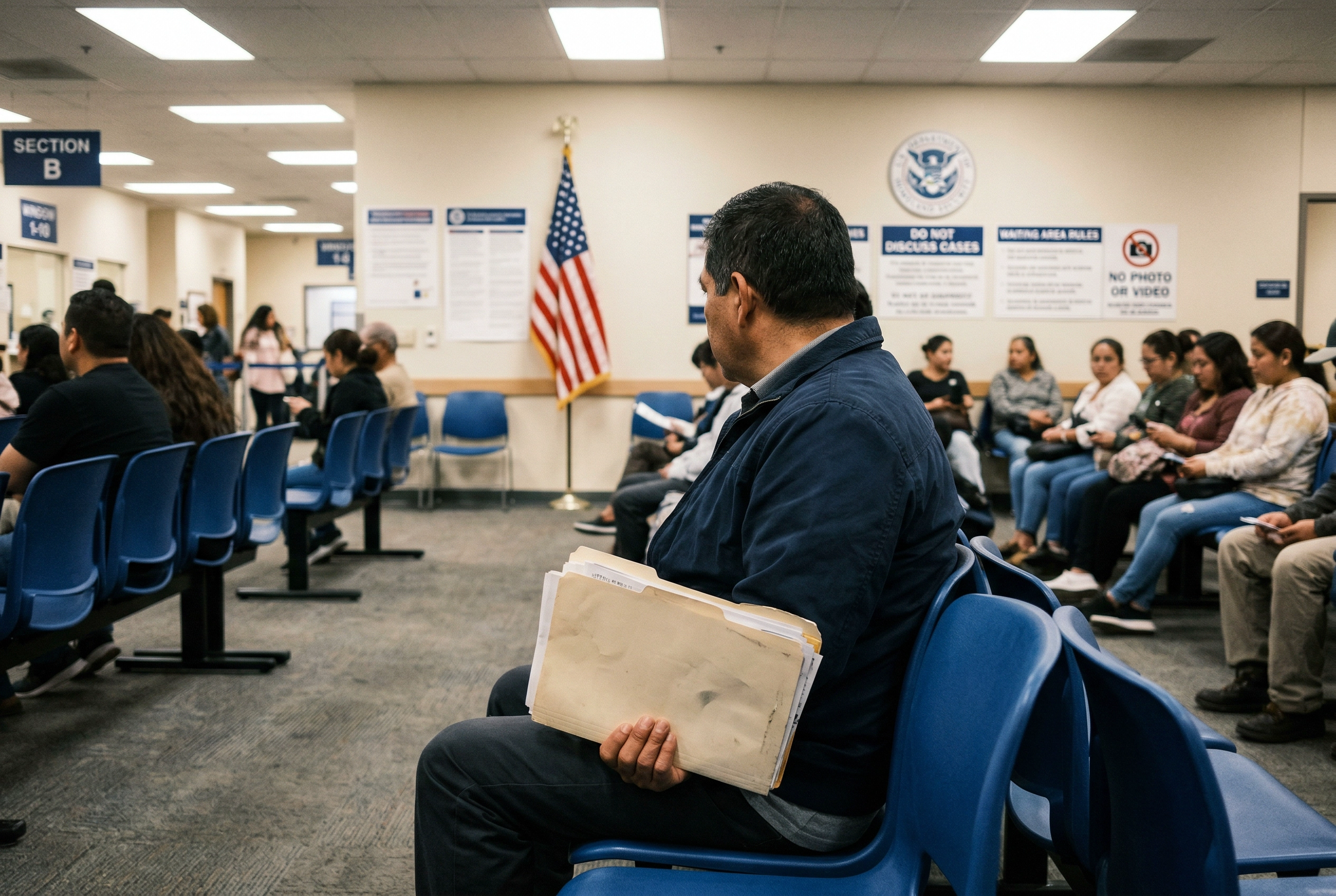 USCIS 사무실에서 시민권 인터뷰 서류를 들고 긴장하며 기다리는 사람