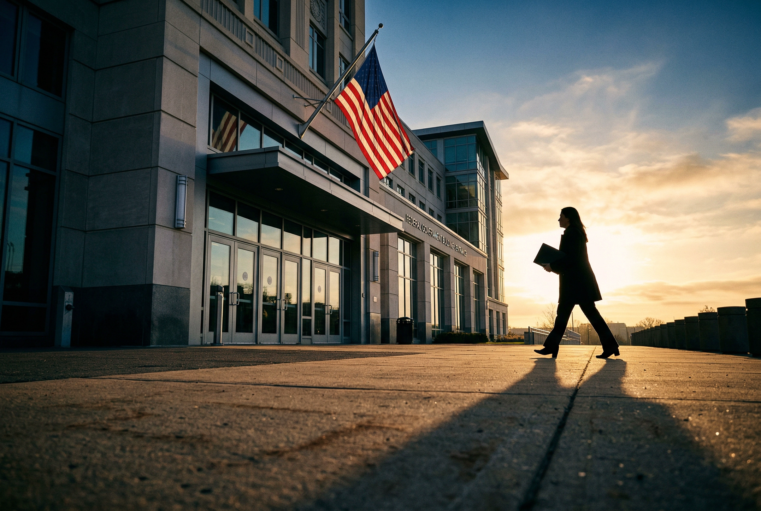미국 시민권 인터뷰를 위해 정부 건물 입구로 걸어가는 사람
