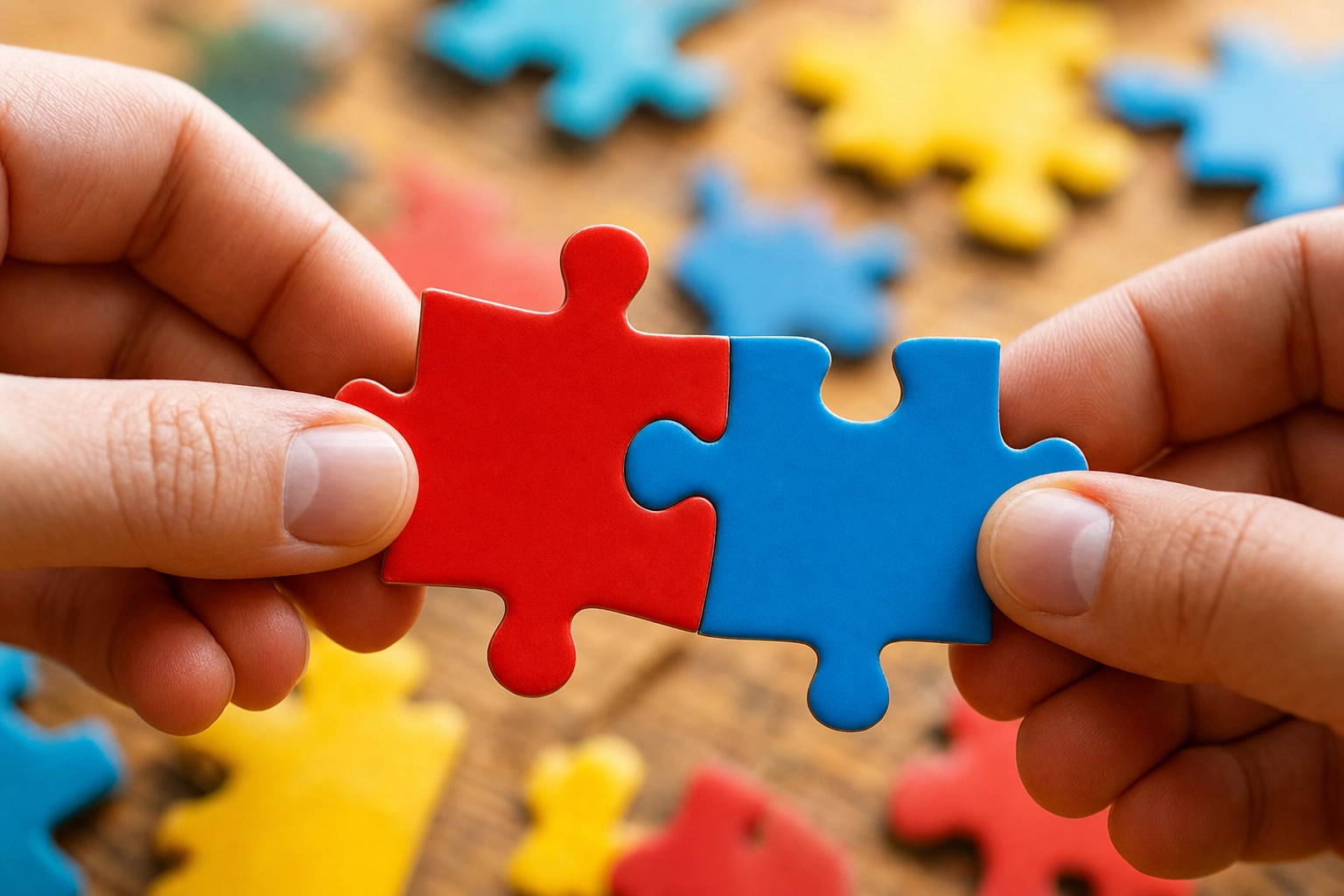 Hands fitting colorful blank jigsaw pieces together, a metaphor for English collocations and word chunks that belong together