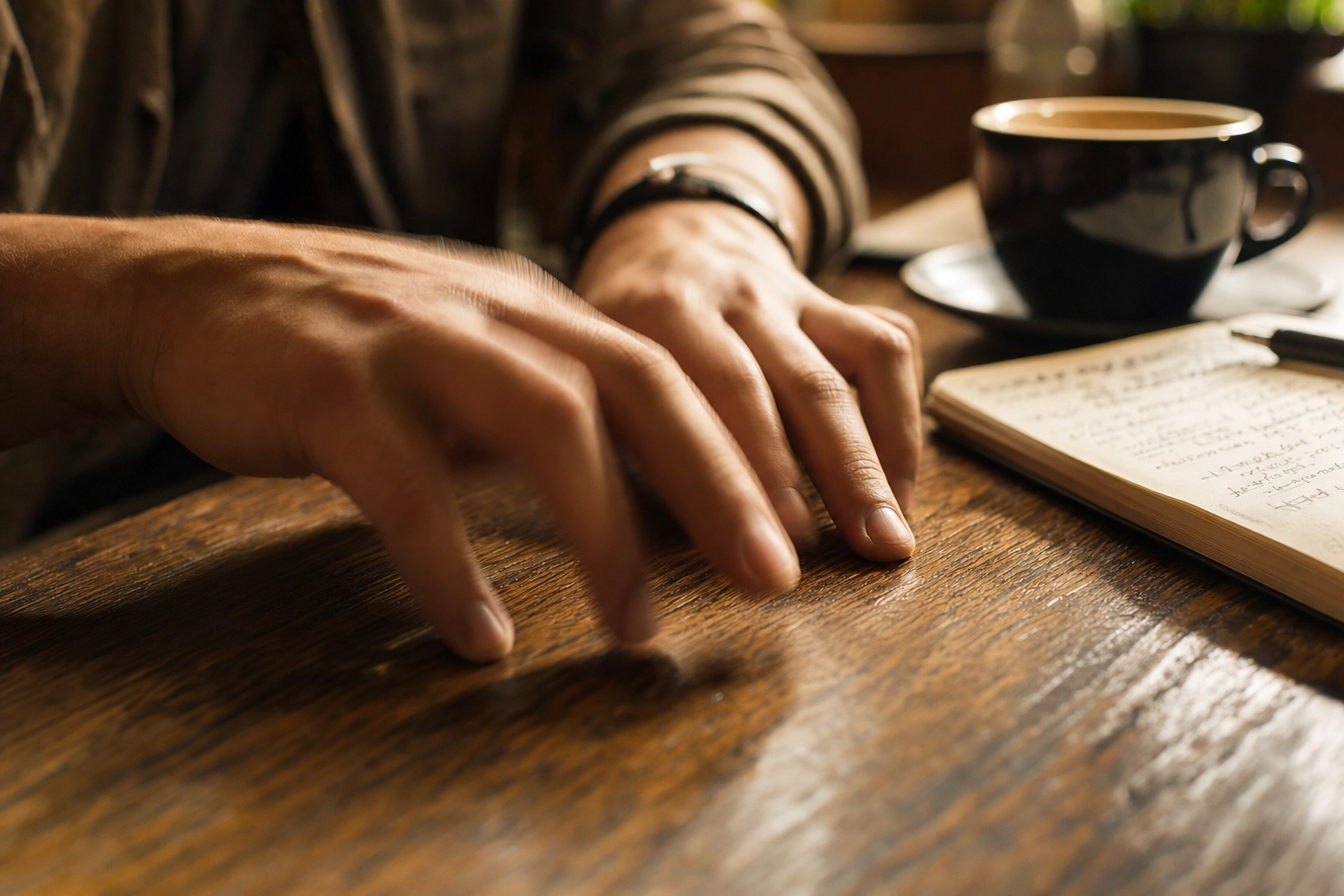 Fingers tapping a rhythm on a wooden cafe table, illustrating the stress-timed beat of natural English speech