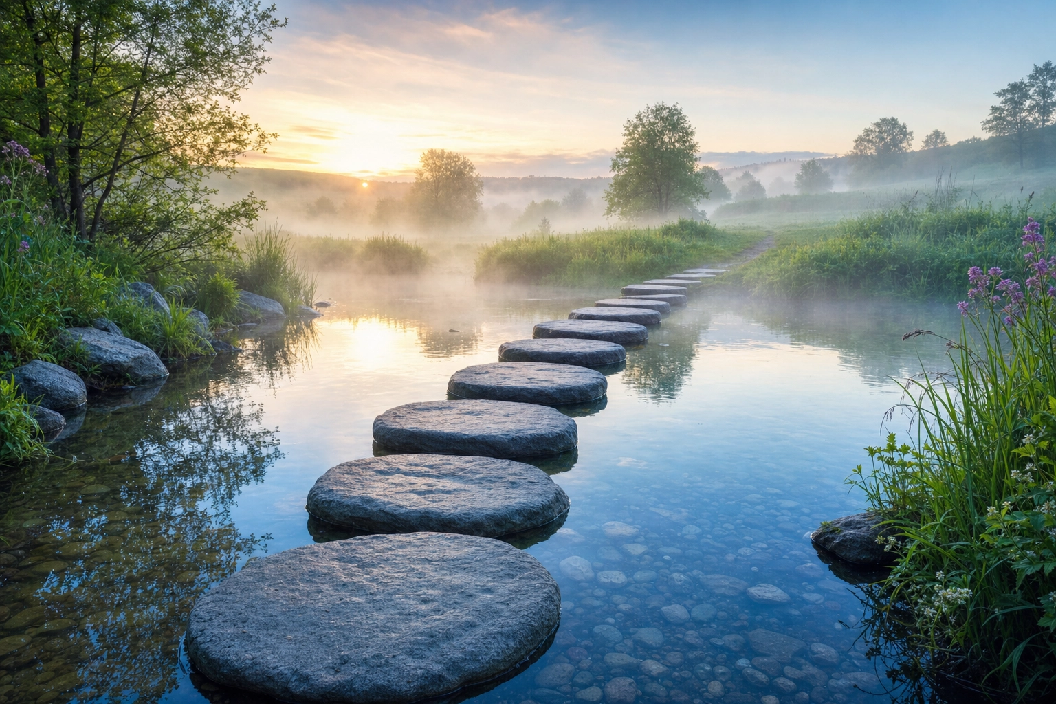 Stepping stones crossing a calm misty stream at dawn, a metaphor for a step-by-step plan to stop sounding robotic in English