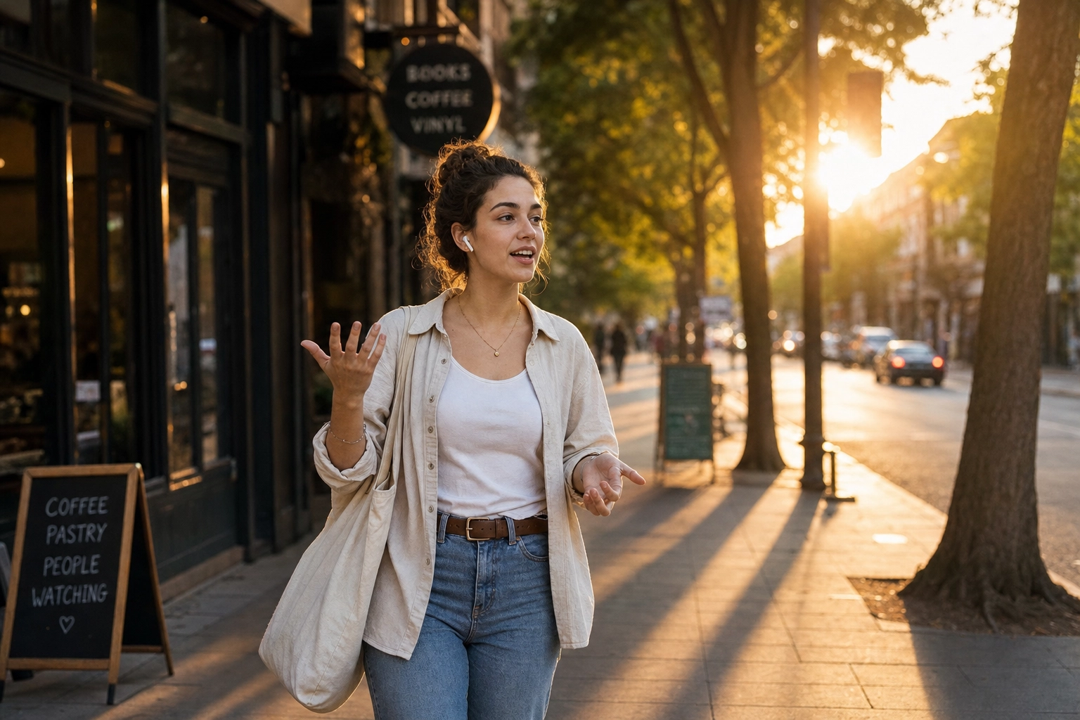 Young woman walking outdoors at golden hour talking and gesturing, illustrating relaxed real-time English speaking practice