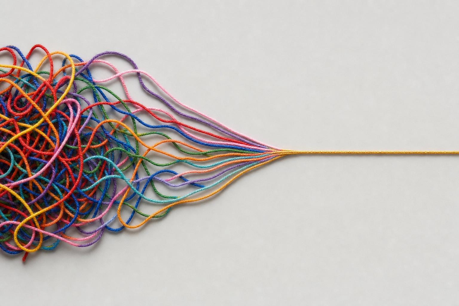Tangled colorful yarn resolving into a single smooth golden thread, symbolizing moving from word-for-word translation to fluent English
